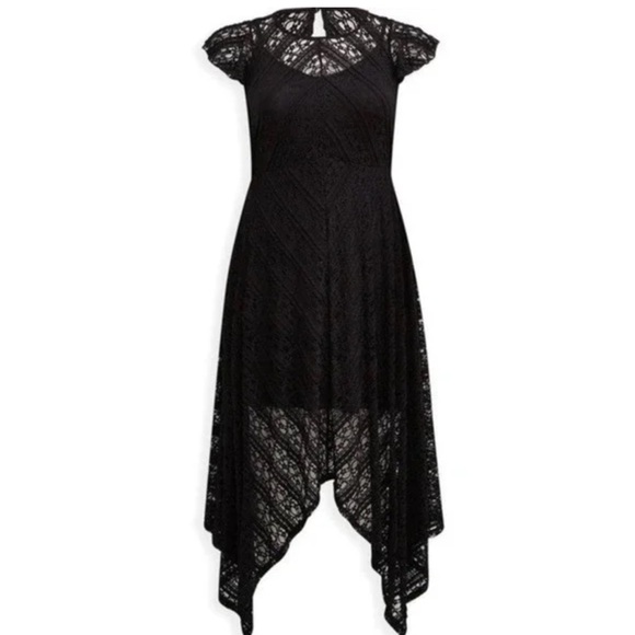 Torrid 1X Deep Black Midi Rayon Slub Lace Trim Dress with Pockets - Picture 1 of 12